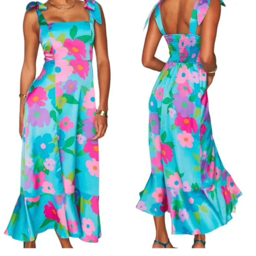 Show Me Your MuMu Aqua Floral Midi Dress with Pink & Green Accents
